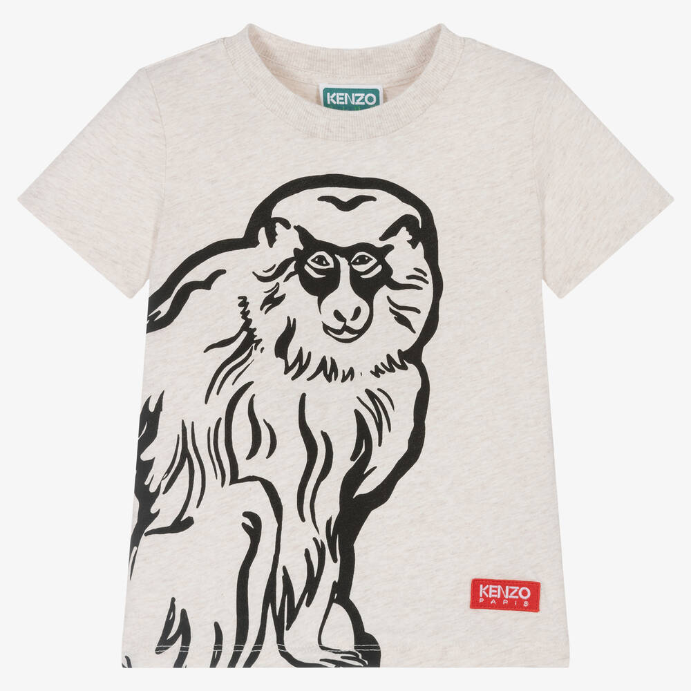 KENZO KIDS - Boys Beige Monkey Logo T-Shirt | Childrensalon