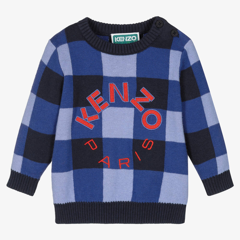 KENZO KIDS - Boys Blue Check Cotton Knit Jumper | Childrensalon