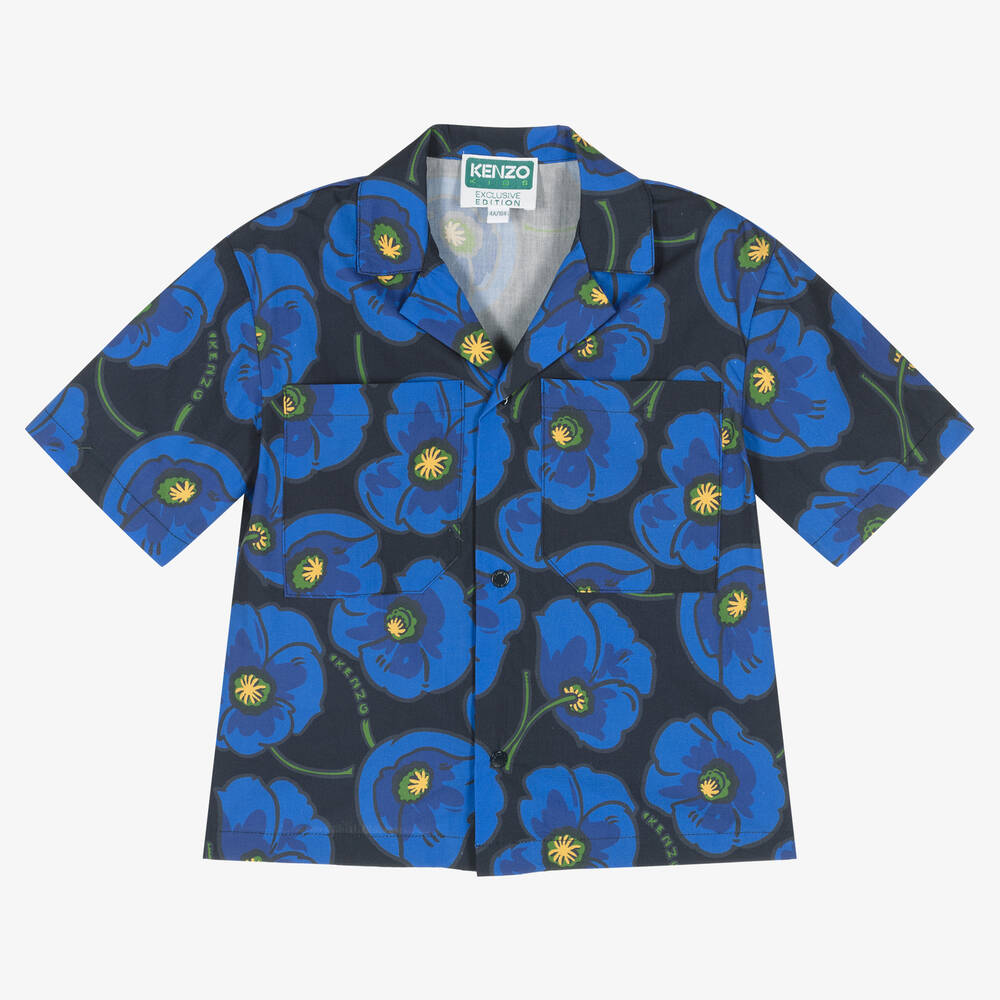 KENZO KIDS - Blaues Baumwollhemd mit Mohnblumen | Childrensalon