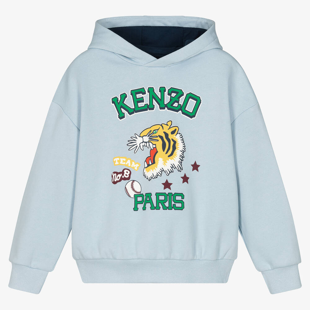 KENZO KIDS - توب هودي قطن لون أزرق بطبعة نمر للأولاد | Childrensalon