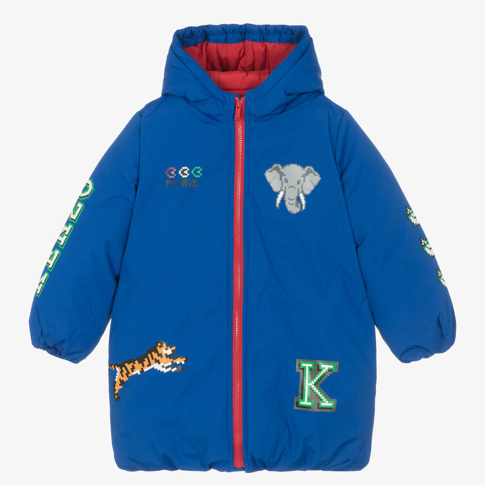 KENZO KIDS - معطف بافر هودي بطبعة الفيل لون أزرق للأولاد | Childrensalon