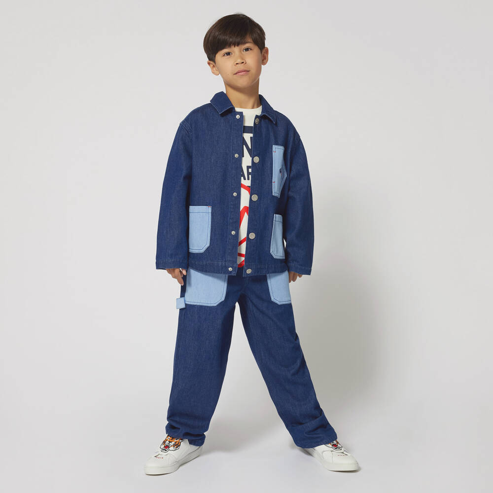 KENZO KIDS-Джинсовая куртка с синим орнаментом оригами для мальчиков | Childrensalon Outlet