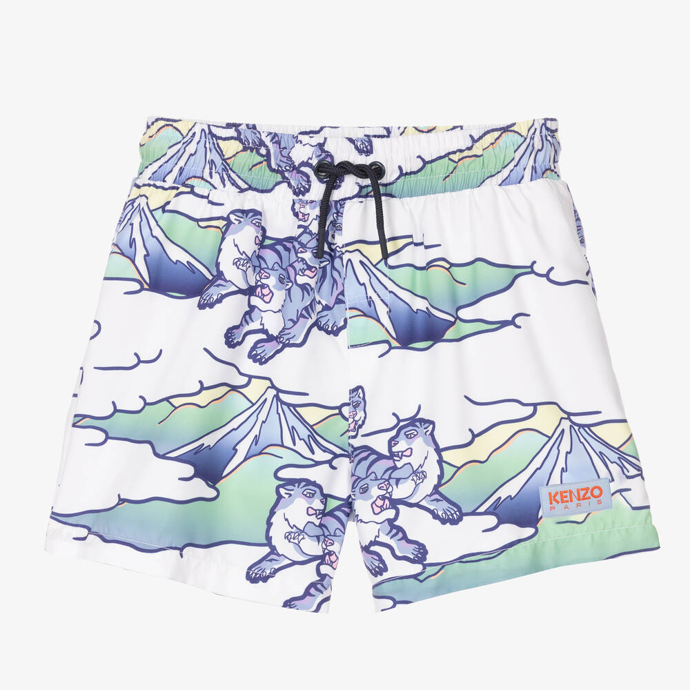 KENZO KIDS - Boys Blue & White Tiger Logo Swim Shorts | Childrensalon