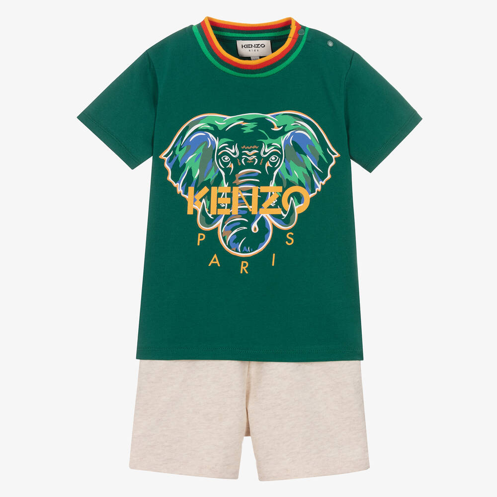 KENZO KIDS - طقم شورت أطفال ولادي قطن جيرسي لون أخضر وبيج | Childrensalon