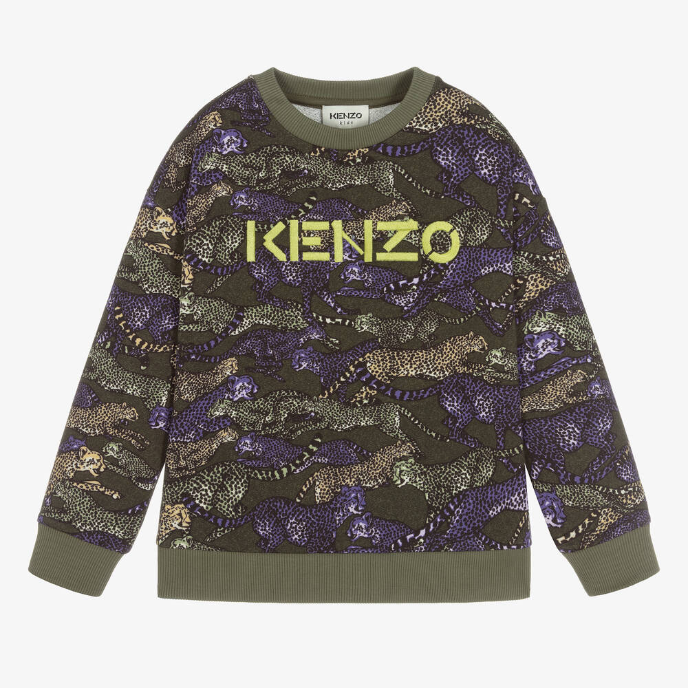 KENZO KIDS - سويتشيرت قطن لون أخضر كاكي للأولاد | Childrensalon