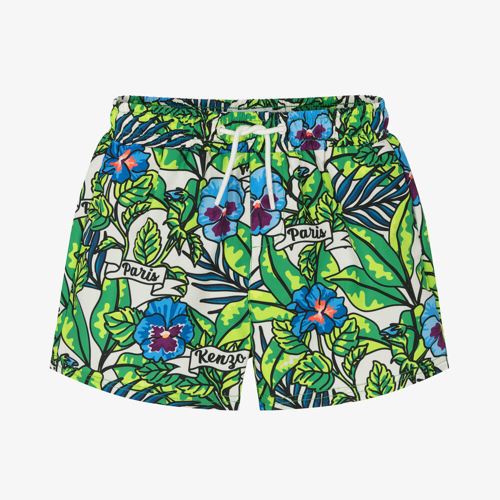 KENZO KIDS-Boys Green Flower Print Swim Shorts | Childrensalon Outlet