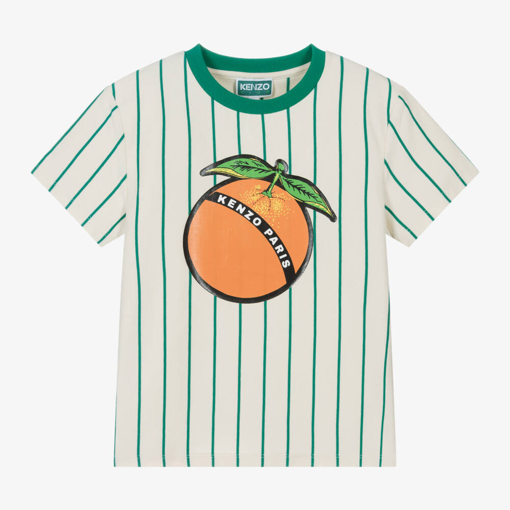 KENZO KIDS-تي شيرت للأولاد باللون الأخضر والعاجي مع شعار الفاكهة | Childrensalon Outlet
