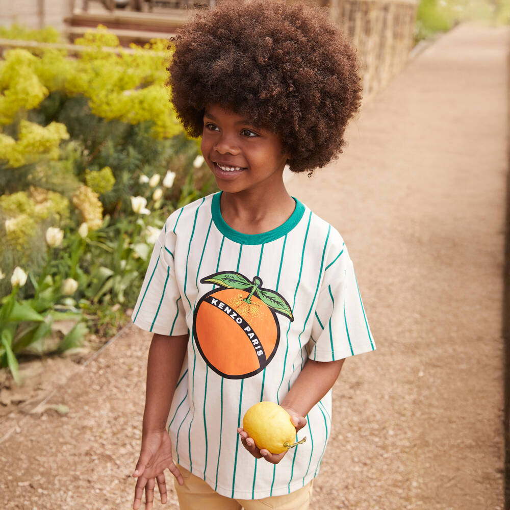 KENZO KIDS-Футболка с фруктовым эмблемой зелёная кремовая для мальчиков | Childrensalon Outlet