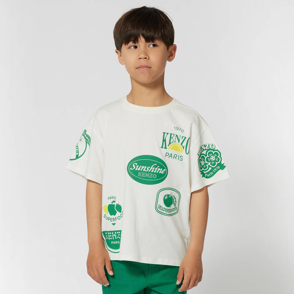 KENZO KIDS-Boys Green & Ivory Sticker Tee | Childrensalon Outlet