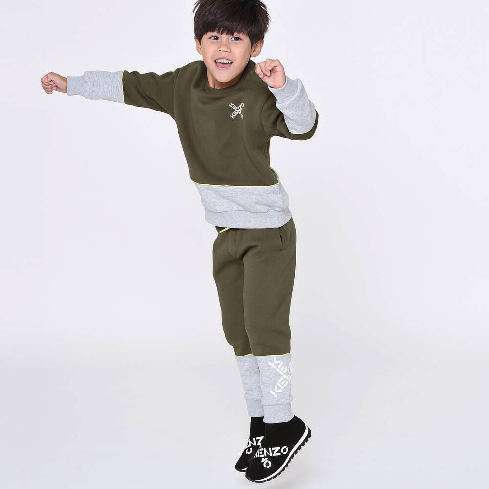 KENZO KIDS-جوغرز قطن جيرسي لون أخضر كاكي ورمادي للأولاد | Childrensalon Outlet