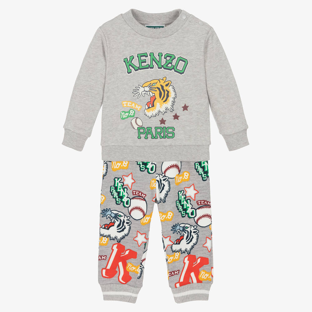KENZO KIDS - بدلة رياضية قطن جيرسي لون رمادي للأولاد | Childrensalon