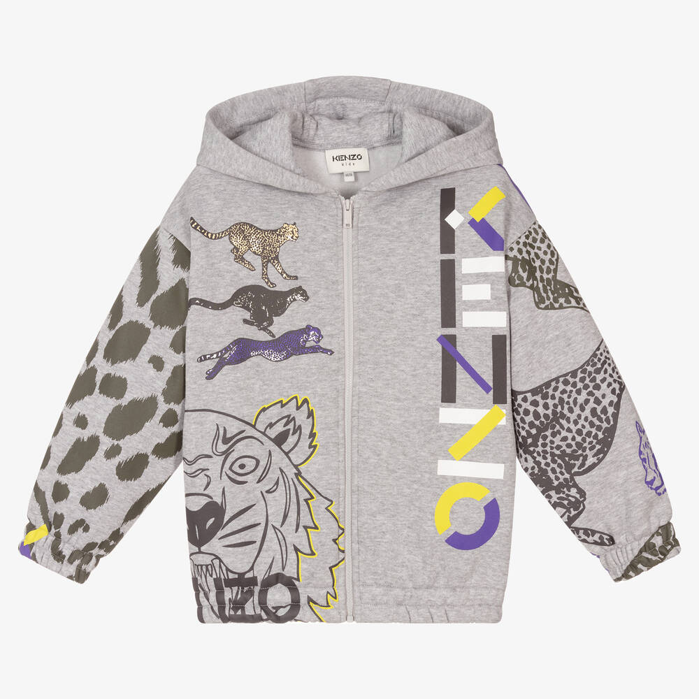 KENZO KIDS - Boys Grey Hooded Zip-Up Top | Childrensalon