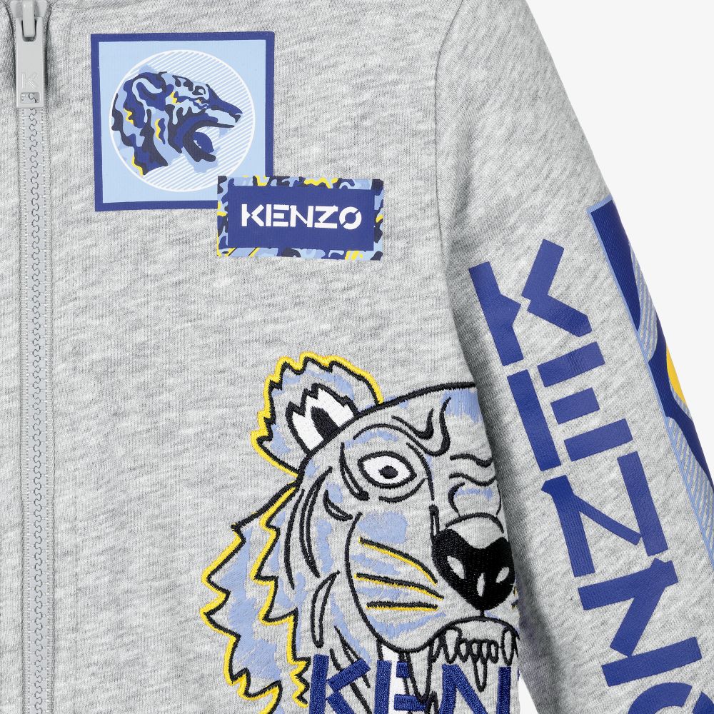 Kenzo Kids tiger-print cotton hoodie - Grey