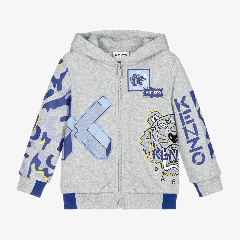 KENZO KIDS - Boys Grey Logo Zip-Up Hoodie | Childrensalon