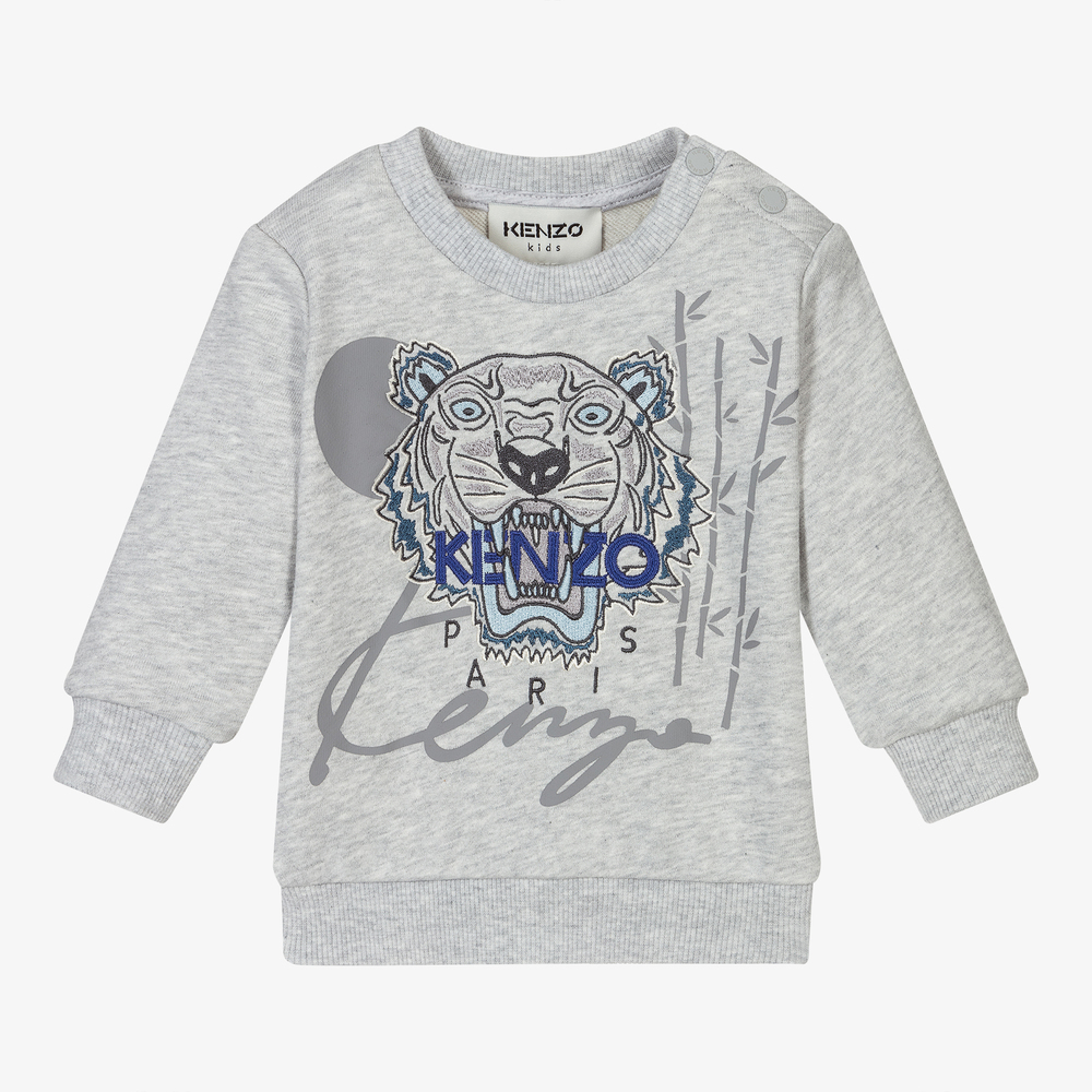 KENZO KIDS - سويتشيرت قطن جيرسي لون رمادي للأولاد | Childrensalon