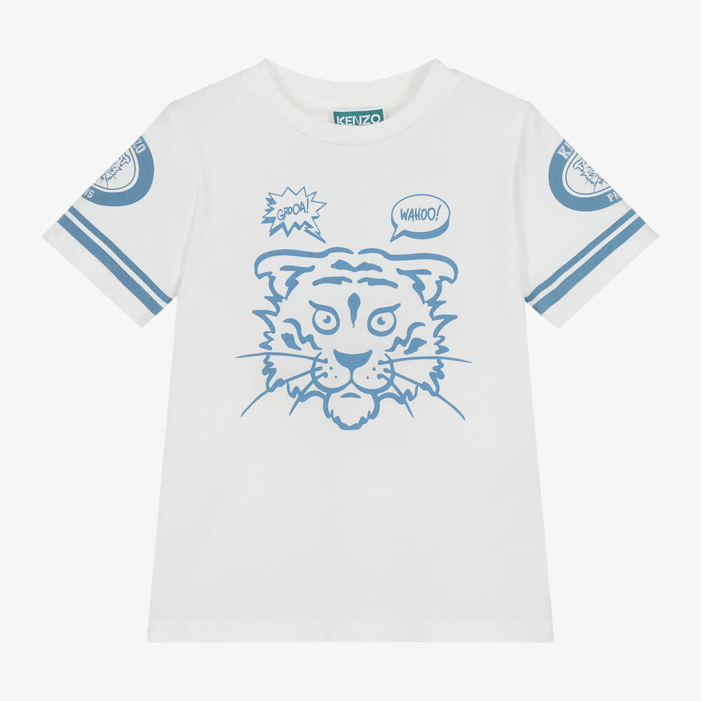 Boys Ivory Blue Cotton Tiger T Shirt