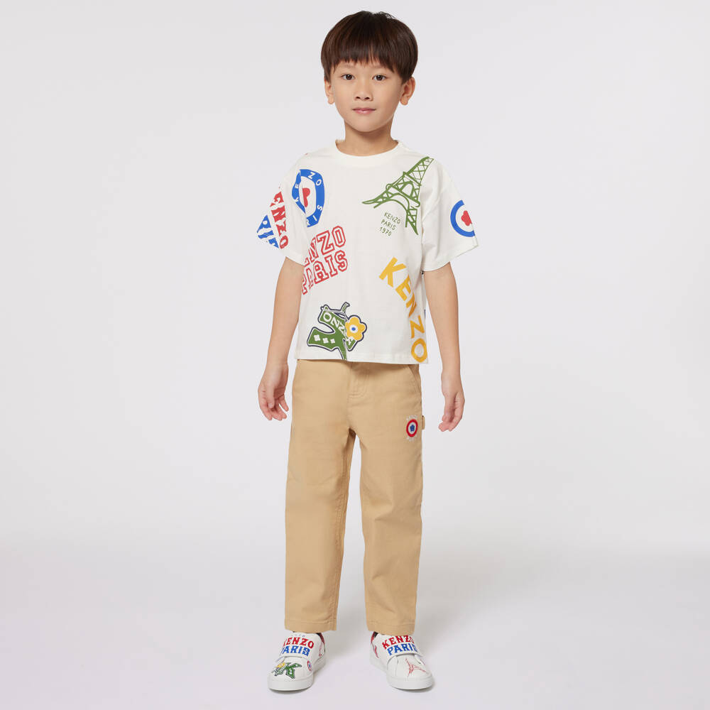 KENZO KIDS-Boys Ivory Cotton Logo Print T-Shirt | Childrensalon Outlet