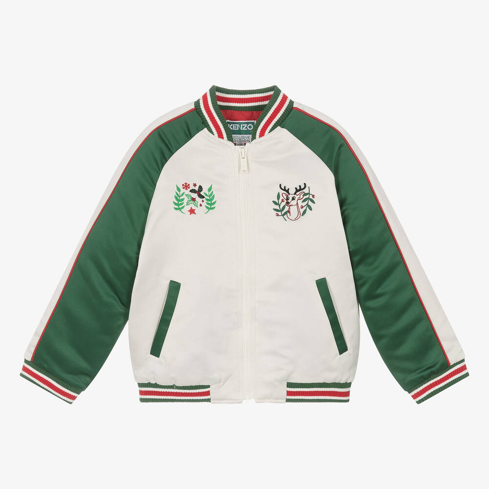 KENZO KIDS - Boys Ivory & Green Festive Satin Bomber Jacket | Childrensalon