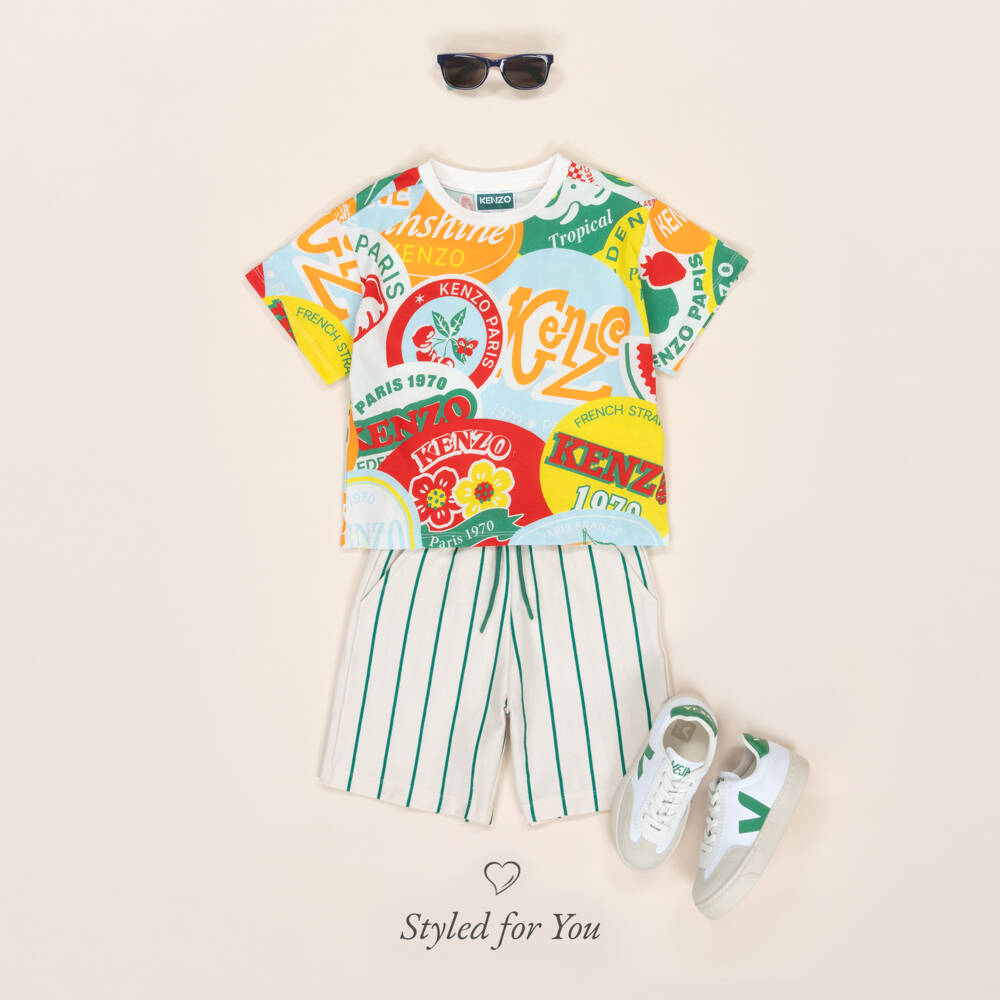 KENZO KIDS-Boys Ivory & Green Logo Bermudas | Childrensalon Outlet
