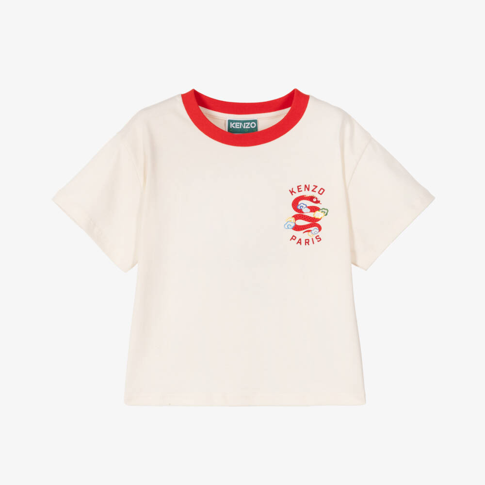 KENZO KIDS-تي شيرت قطن عاجي للأولاد بنقشة الثعبان | Childrensalon Outlet