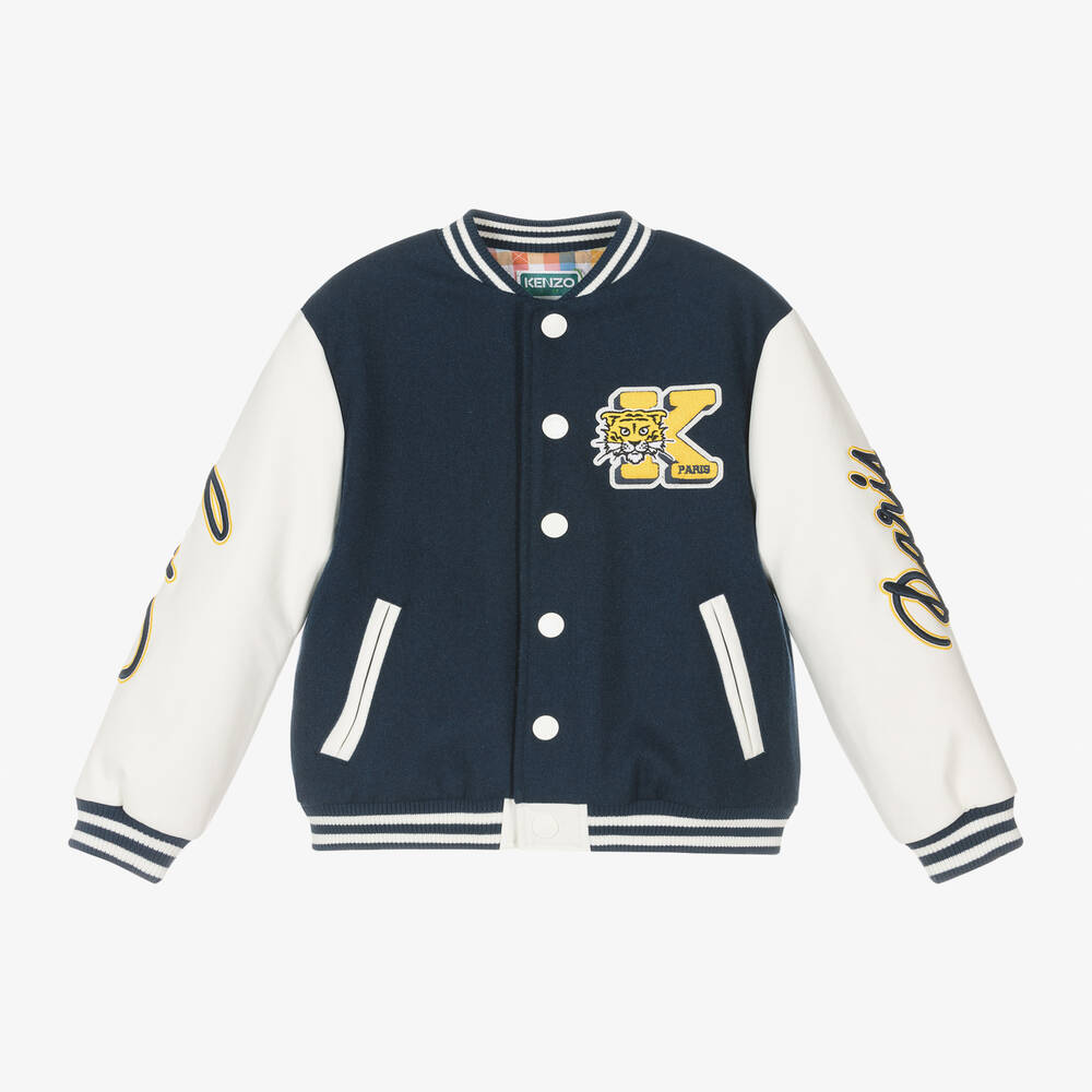 KENZO KIDS Boys Navy Blue Wool Baseball Jacket Childrensalon Outlet