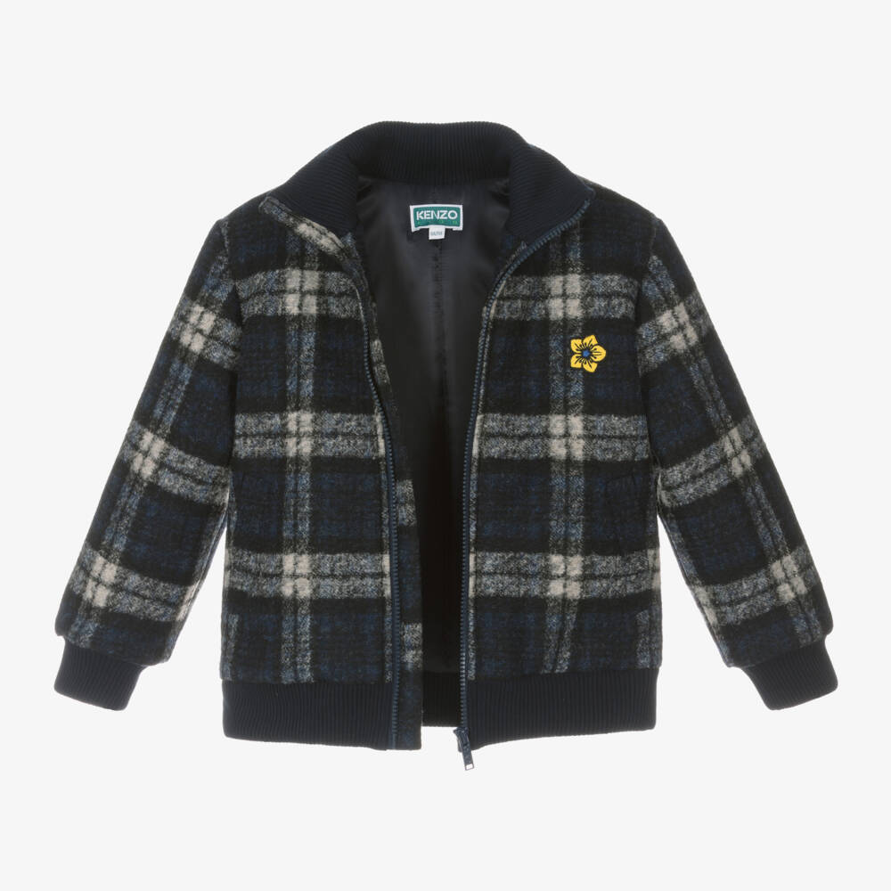 KENZO KIDS-Boys Navy Plaid Wool Jacket | Childrensalon Outlet