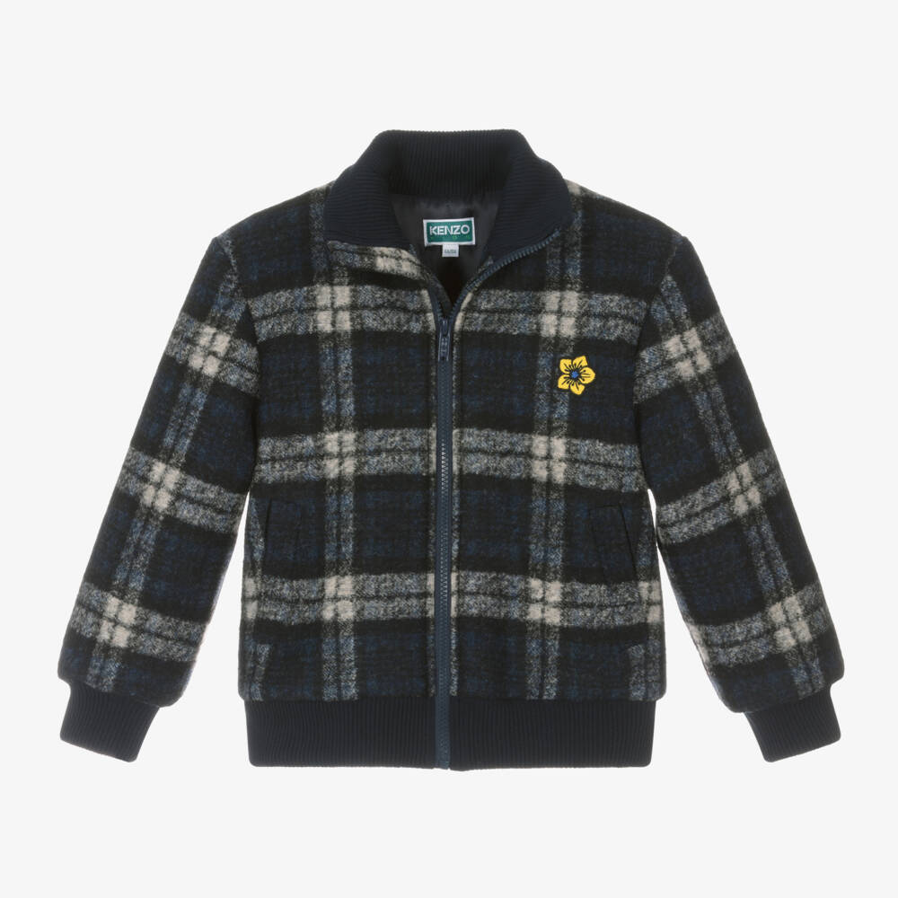 KENZO KIDS-Boys Navy Plaid Wool Jacket | Childrensalon Outlet