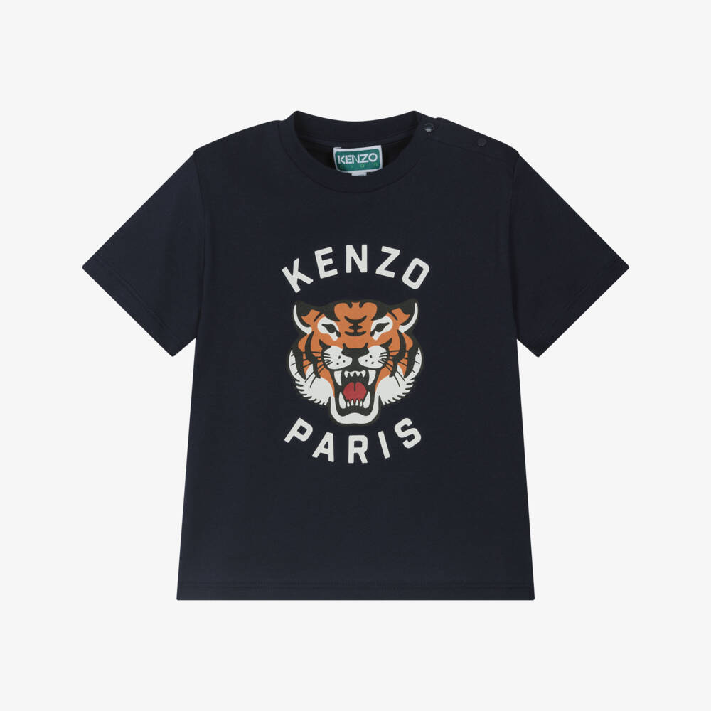 KENZO KIDS-تيشيرت قطن أزرق داكن للأولاد بنقشة نمر | Childrensalon Outlet