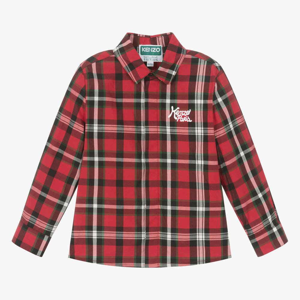 KENZO KIDS - قميص تارتان قطن بوبلين لون أحمر للأولاد | Childrensalon
