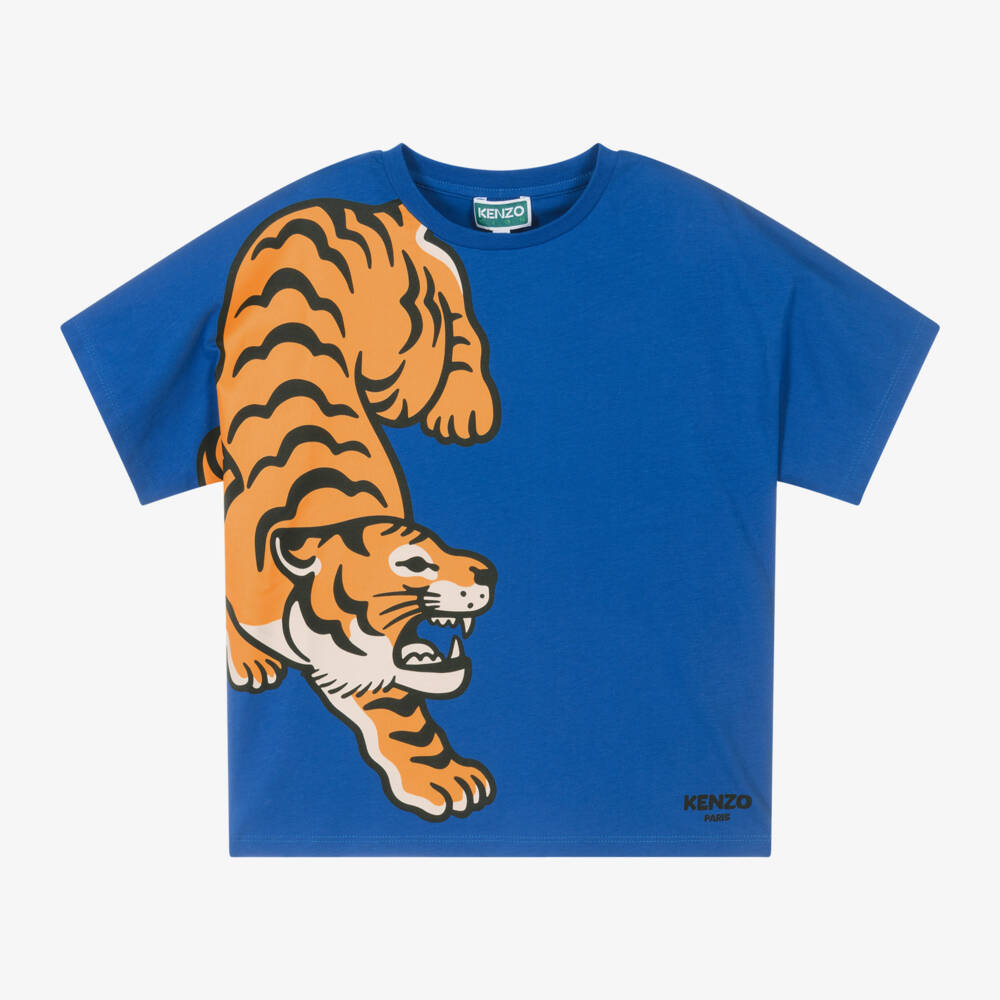 KENZO KIDS-تيشيرت ناعم أزرق بنقشة النمر للأولاد | Childrensalon Outlet