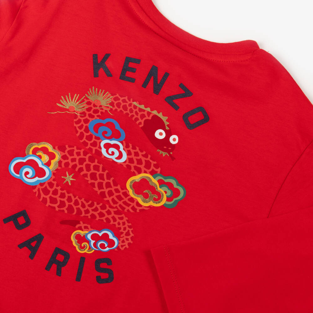 KENZO KIDS-تيشيرت أحمر زاهي للأولاد بنقشة الثعبان | Childrensalon Outlet