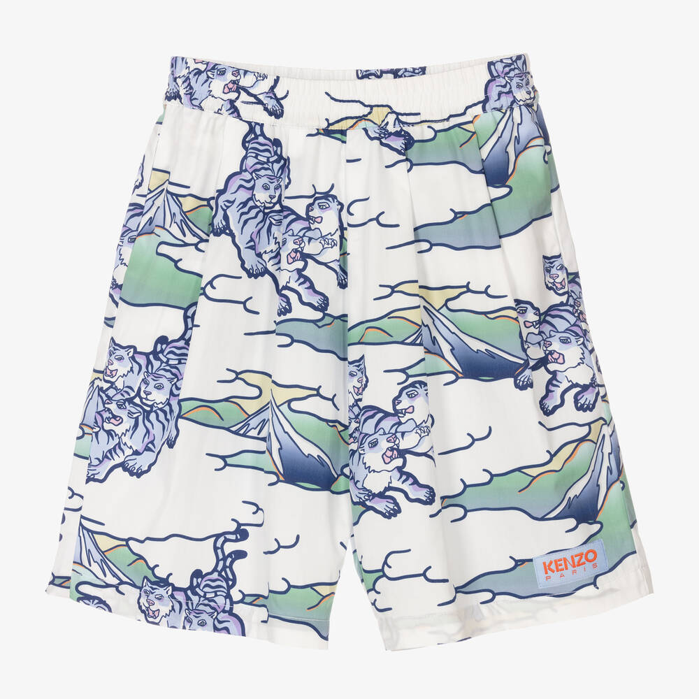 KENZO KIDS-شورت برمودا قطن بوبلين لون أبيض وأزرق للأولاد | Childrensalon Outlet