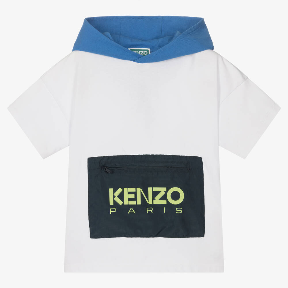 KENZO KIDS - Boys White & Blue Hooded Logo T-Shirt | Childrensalon