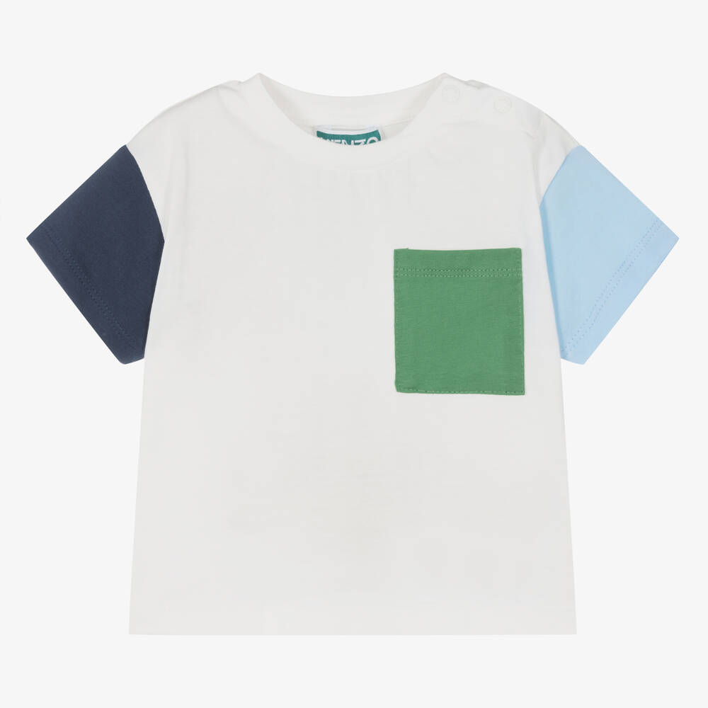 Boys White Cotton Colourblock T Shirt