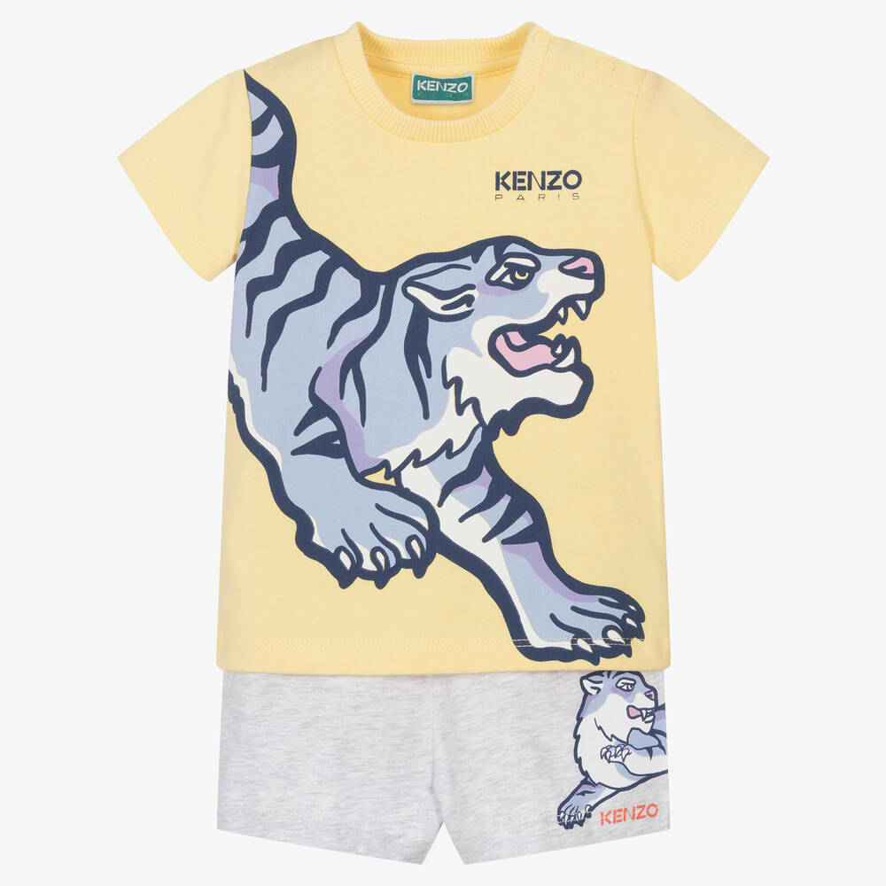 KENZO KIDS - طقم شورت أطفال ولادي قطن لون أصفر ورمادي | Childrensalon