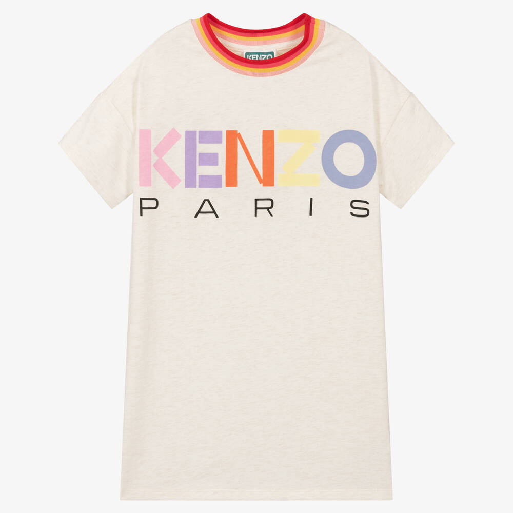 KENZO KIDS - Girls Beige Cotton Logo Dress | Childrensalon