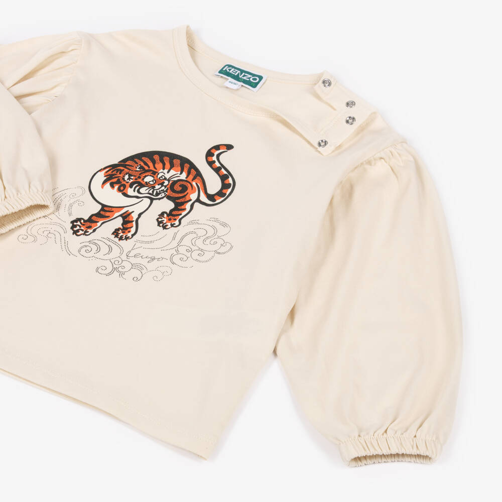 KENZO KIDS-Girls Beige Long-Sleeve Tiger Top | Childrensalon Outlet