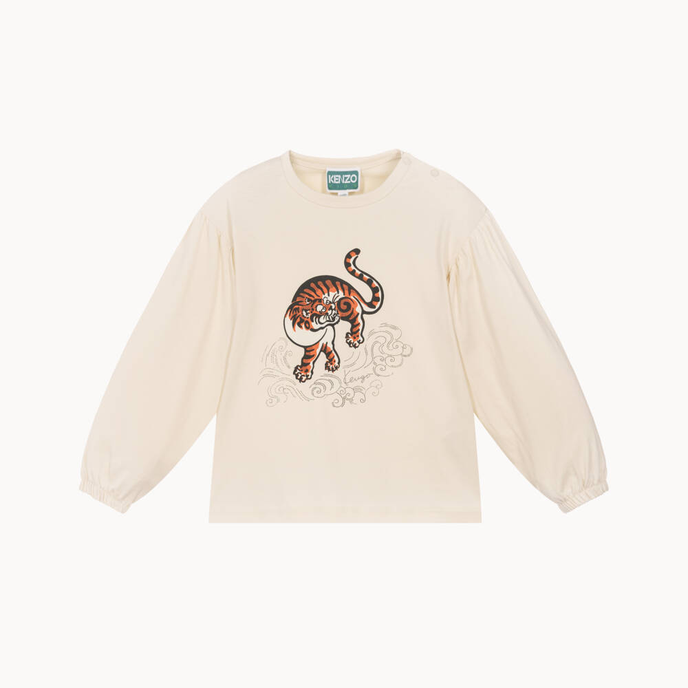 KENZO KIDS-Girls Beige Long-Sleeve Tiger Top | Childrensalon Outlet