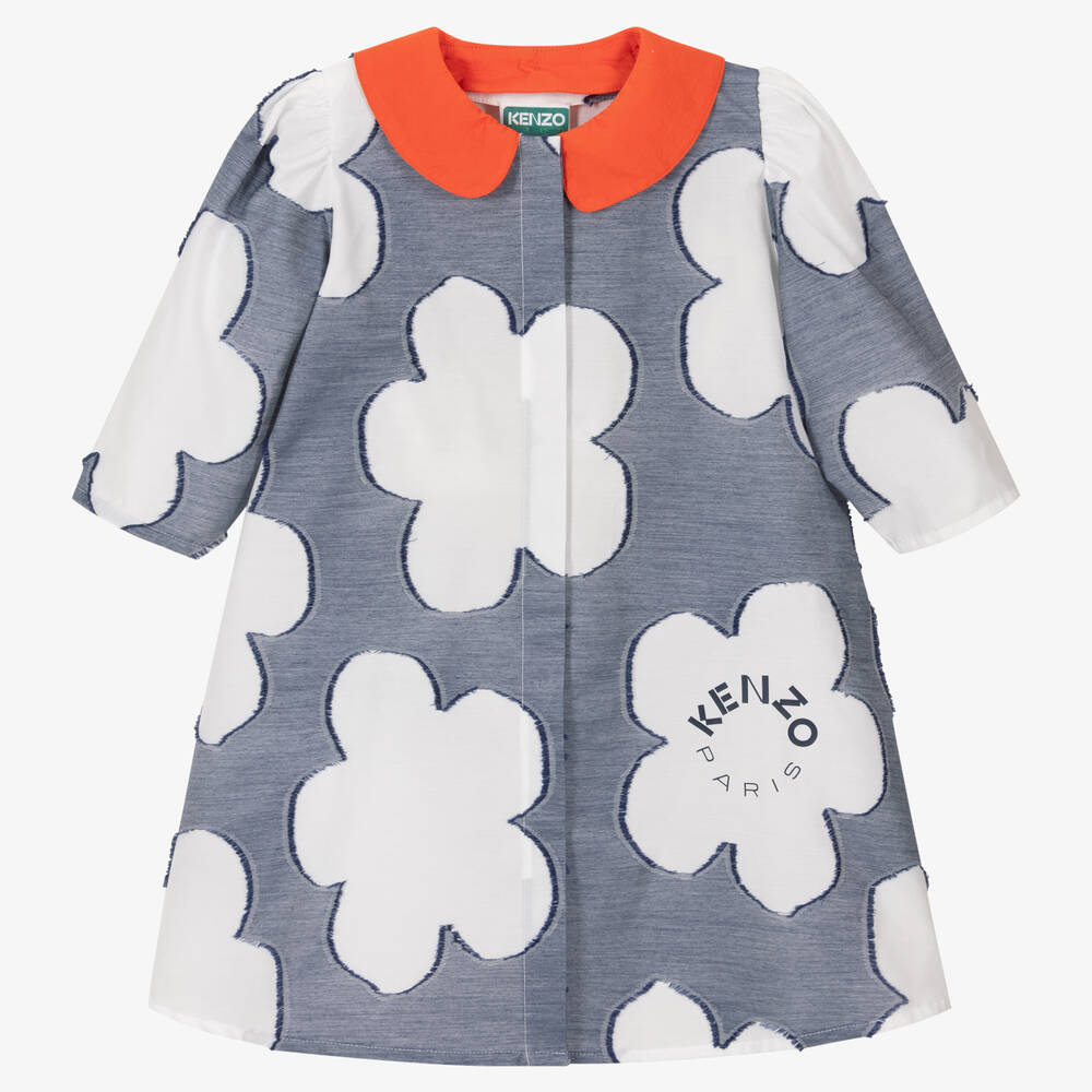 KENZO KIDS - Girls Blue Cotton Boke Flower Dress | Childrensalon