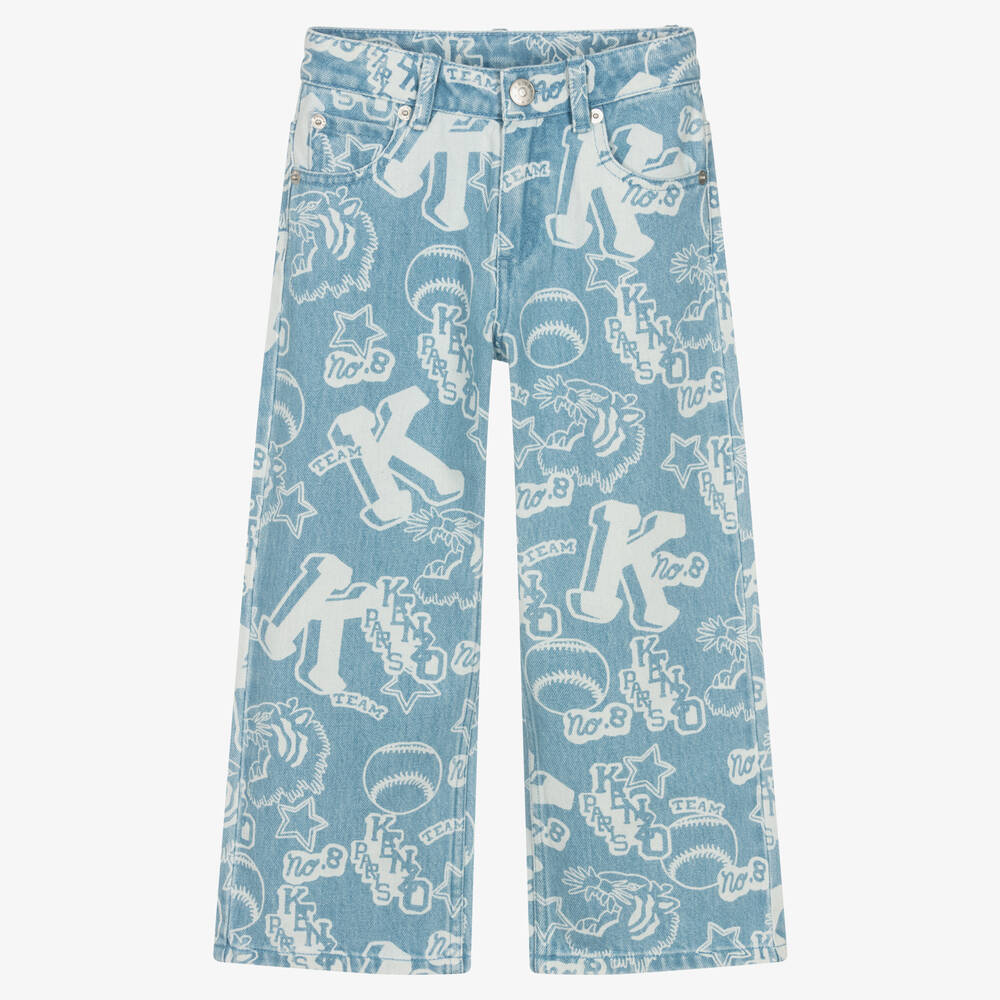KENZO KIDS-Girls Blue Denim Baseball Print Jeans | Childrensalon Outlet