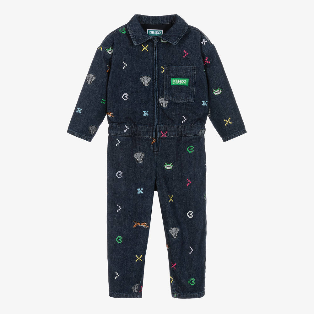 KENZO KIDS - Girls Blue Denim Embroidered Jumpsuit | Childrensalon