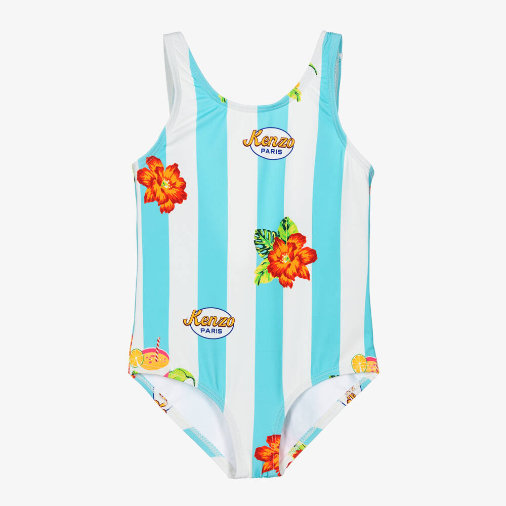 KENZO KIDS-Girls Blue Striped Floral Print Swimsuit | Childrensalon Outlet