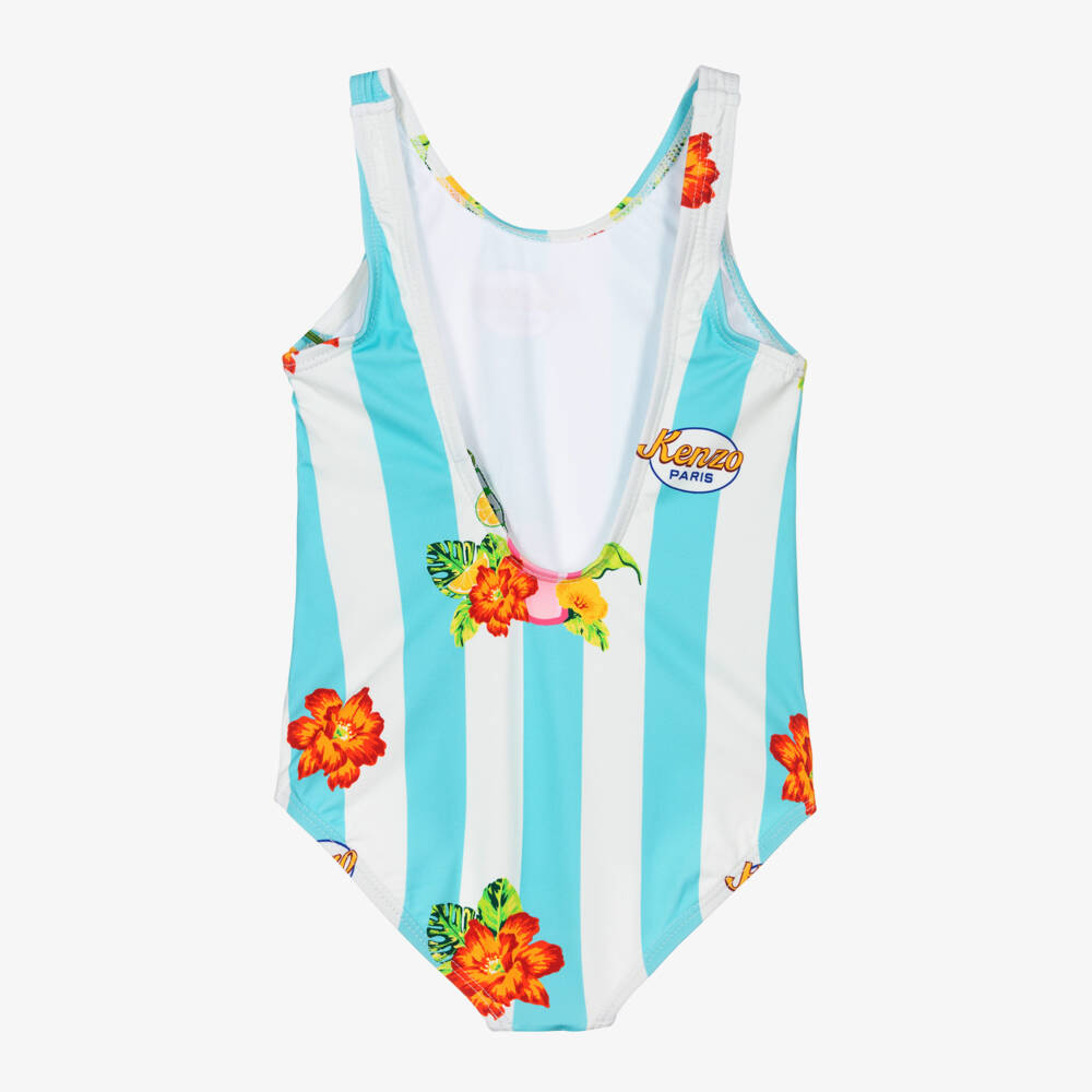 KENZO KIDS-Girls Blue Striped Floral Print Swimsuit | Childrensalon Outlet