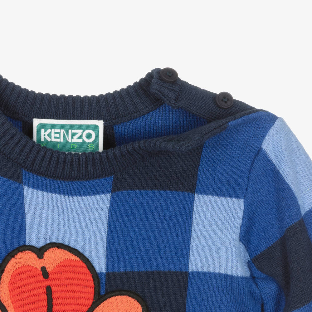 KENZO KIDS-Girls Blue Tartan Cotton Flower Dress | Childrensalon Outlet