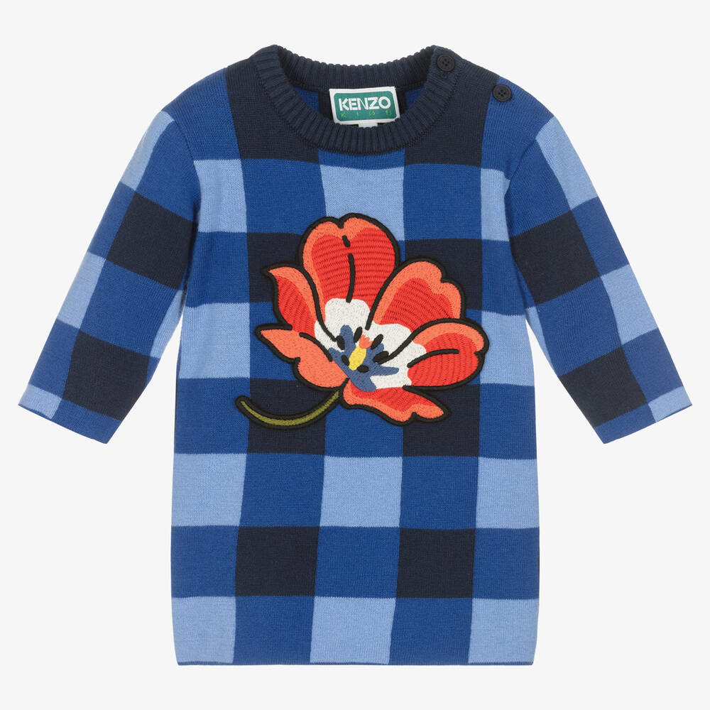 KENZO KIDS - Синее хлопковое платье в клетку с цветком | Childrensalon