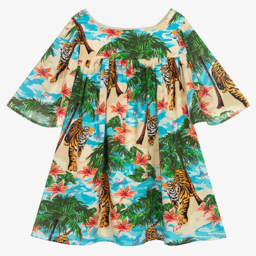 KENZO KIDS-Голубое платье с тропическим принтом для девочек | Childrensalon Outlet