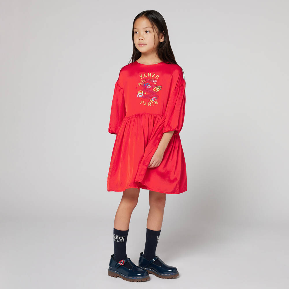 KENZO KIDS-Girls Crimson Satin Snake Embroidered Gown | Childrensalon Outlet