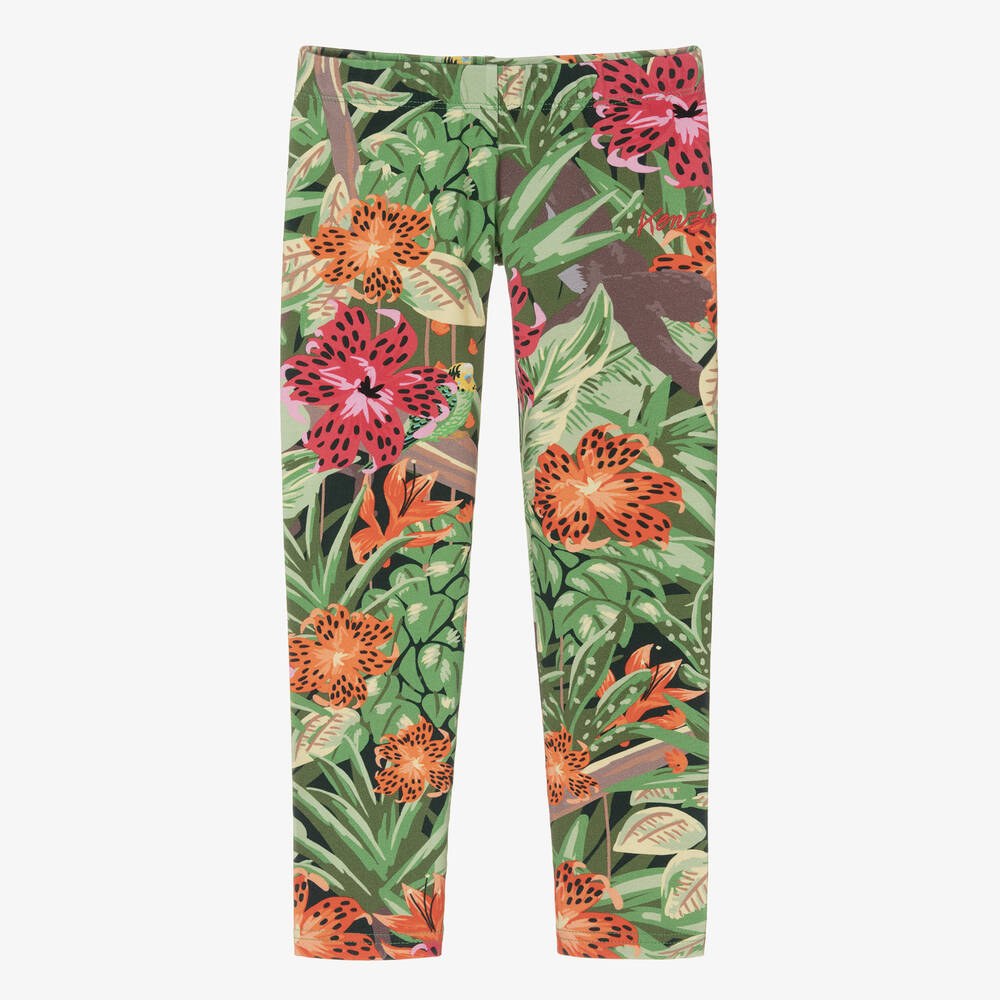 KENZO KIDS - Girls Green Cotton Floral Leggings | Childrensalon