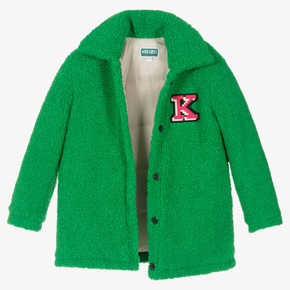 KENZO KIDS-معطف بطبعة الفيل شيرلنغ صناعي لون أخضر للبنات | Childrensalon Outlet