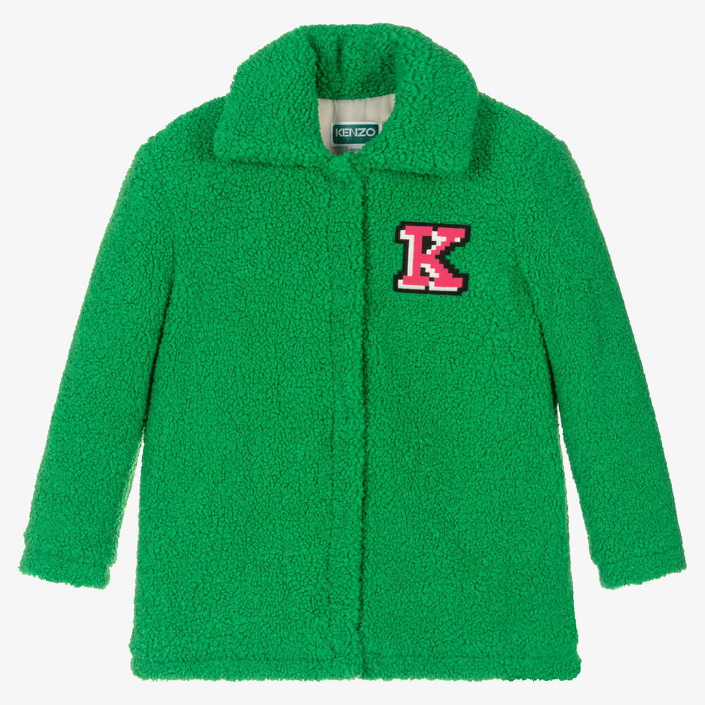 KENZO KIDS - معطف بطبعة الفيل شيرلنغ صناعي لون أخضر للبنات | Childrensalon